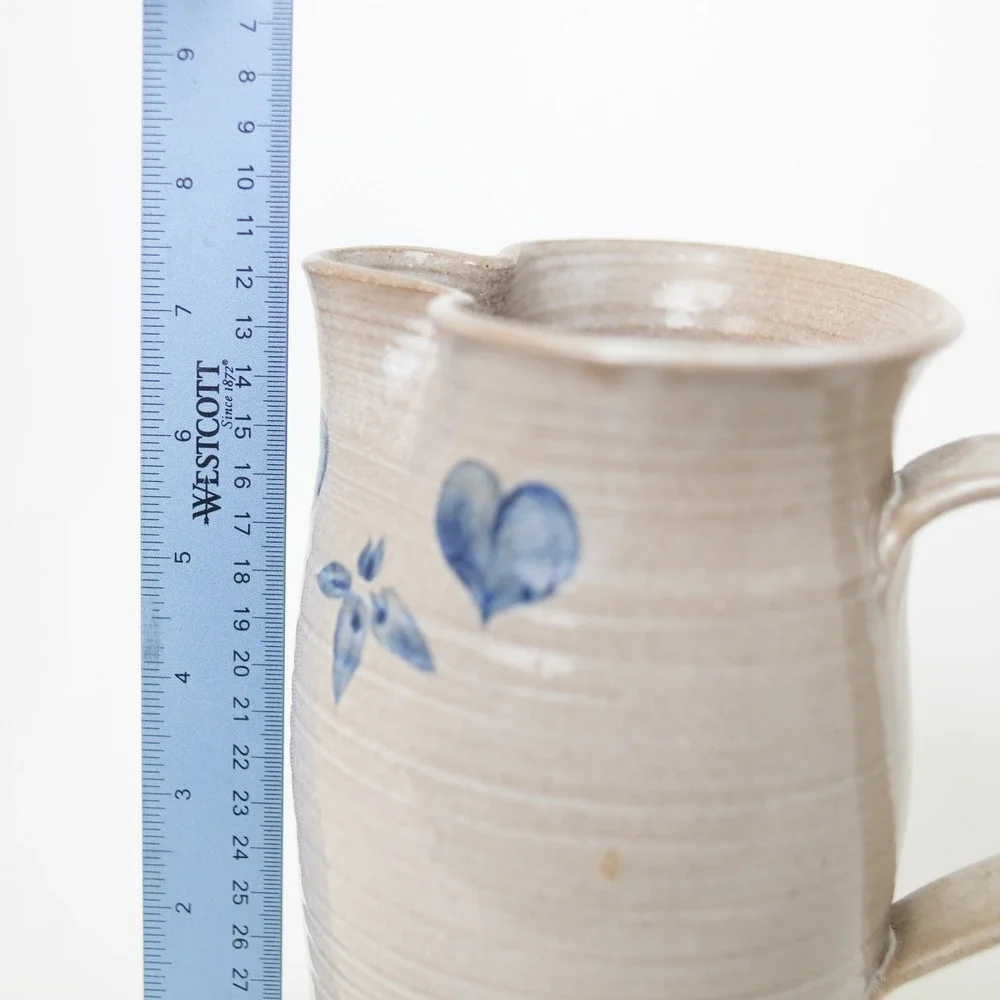 Vintage 1984 Buell Art Pottery Salt Glaze Pitcher Cobalt Hearts Flowers Signed